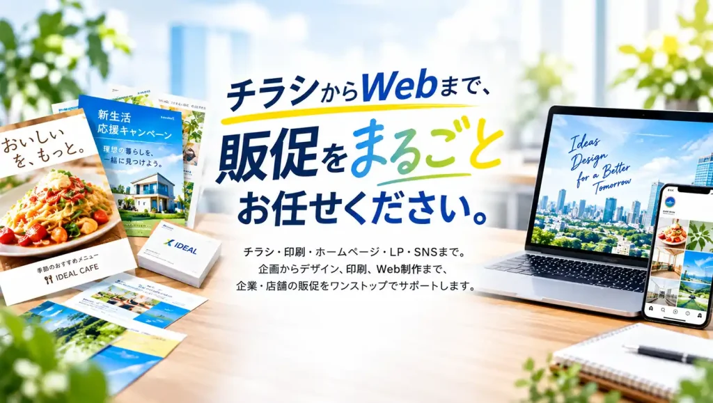 チラシからWebまで、販促をまるごとお任せください。 チラシ・印刷・ホームページ・LP・SNSまで。企画からデザイン、印刷、Webまで、企業・店舗の販促をワンストップでサポートします。